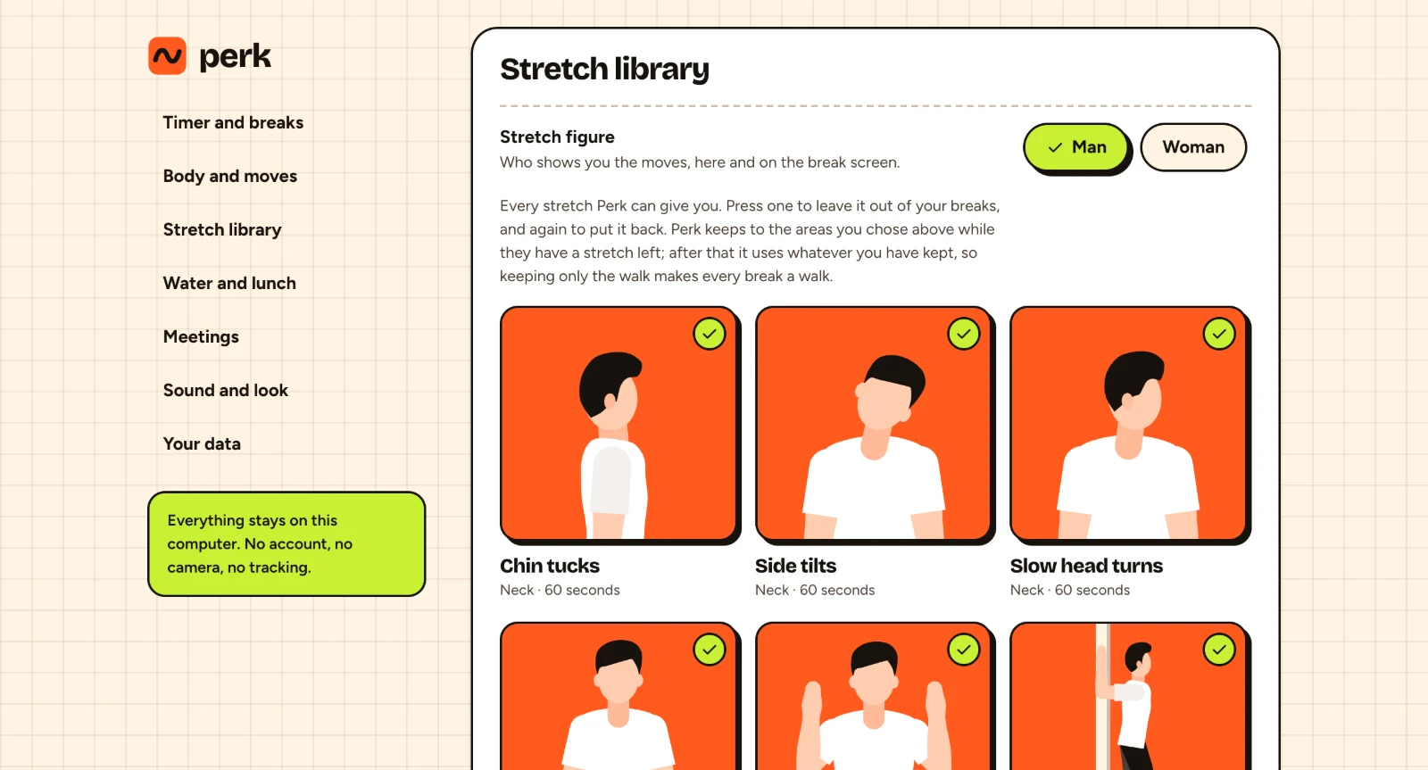 The stretch library in settings: a Man or Woman switch and a grid of stretches, each with a tick to keep it or leave it out.