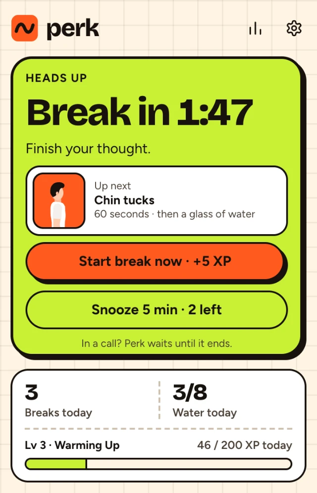 The heads-up card: Break in 1:47, Standing hip flexor stretch up next, Start break now and Snooze 5 min buttons.