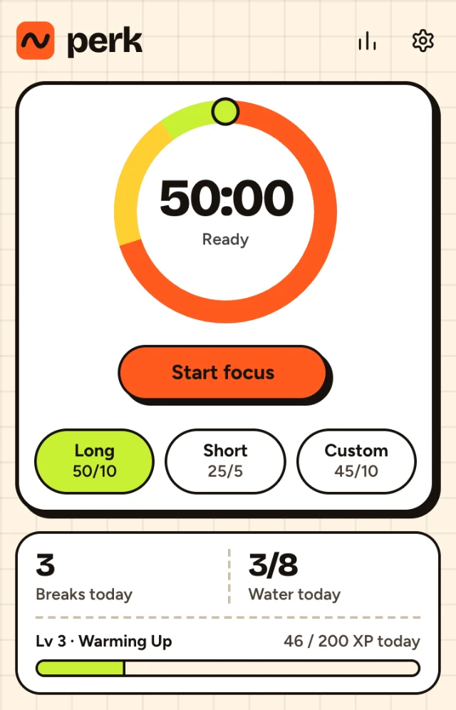 The popup before a block: 50:00 on the ring, a Start focus button, and Long, Short and Custom to choose from.